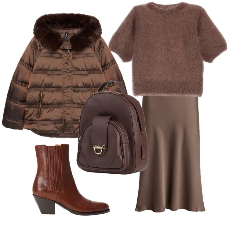 Outfit donna - Colori cioccolato. Stile Casual per Ufficio. Abbinamento con zaini, t-shirt, stivaletti texani, gonne, piumini.