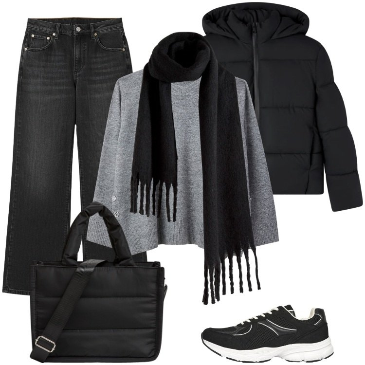 Outfit donna - Total look #2322127. Stile Trendy per Tutti i giorni. Abbinamento con sciarpe, pantaloni, shopping bag, bomber, maglieria, sneakers.