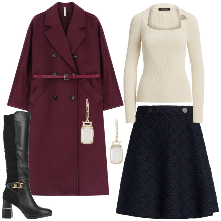 Outfit donna - Total look #2322133. Stile Chic per Serata fuori. Abbinamento con minigonne, stivali, cappotti, orecchini, maglieria.