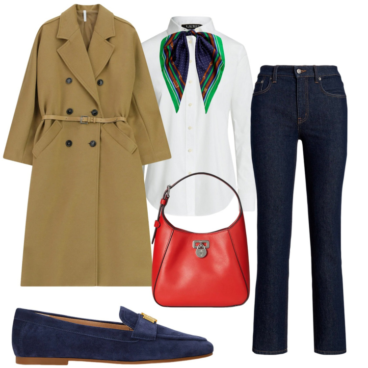 Outfit donna - Total look #2322138. Stile Chic per Tutti i giorni. Abbinamento con cappotti, mocassini, camicie, jeans bootcut, foulard, borse a tracolla.