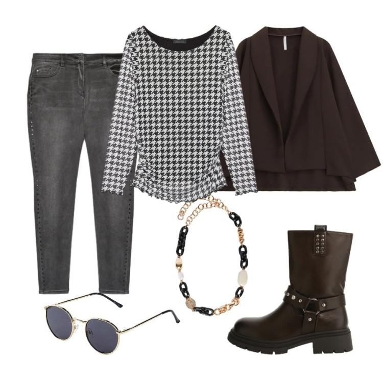 Outfit donna - Total look #2322140. Abbinamento con occhiali da sole, blazer, stivali, bluse, jeans skinny, collane.