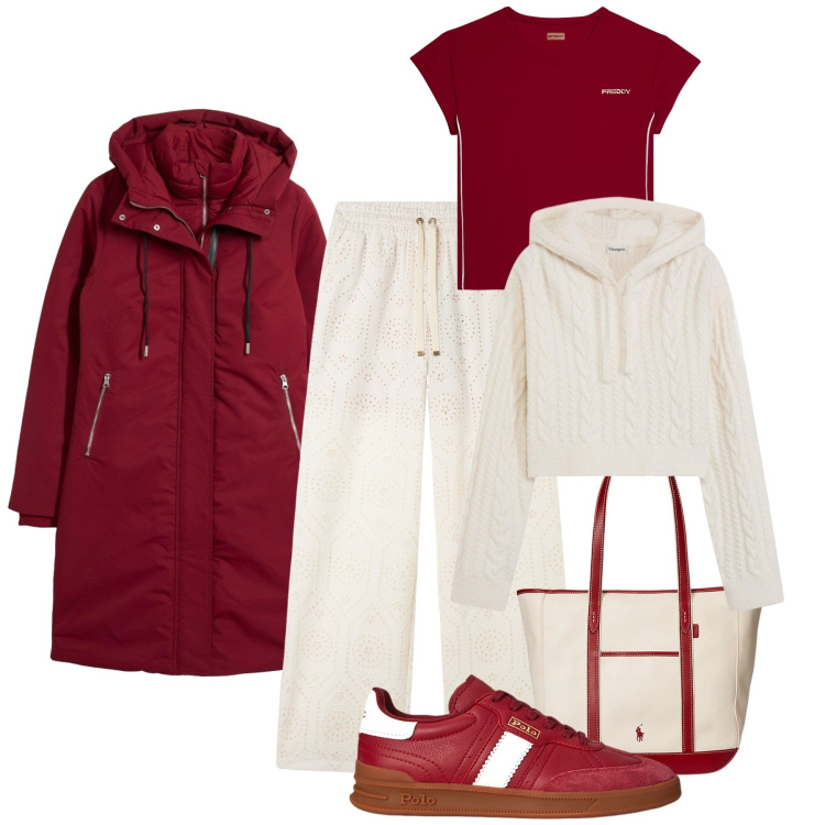 Outfit donna - Sportiva panna/cherry. Stile Casual per Tutti i giorni. Abbinamento con piumini, maglieria, pantaloni, t-shirt sportive, borse tote, sneakers.