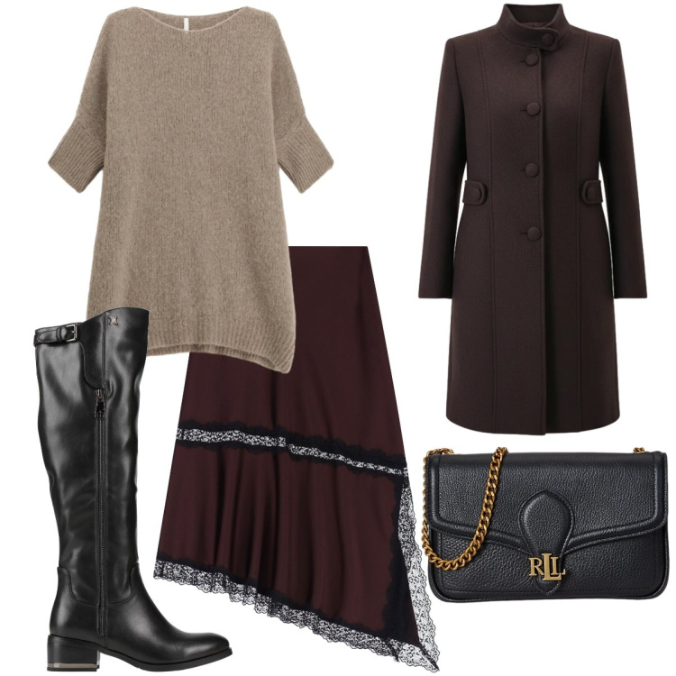 Outfit donna - Total look #2322144. Stile Glamour per Tutti i giorni. Abbinamento con stivali, gonne lunghe, maglieria, cappotti, clutch.