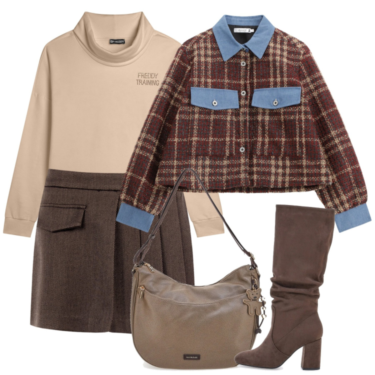 Outfit donna - Gennaio. Stile Preppy per Tutti i giorni. Abbinamento con blazer, felpe, minigonne, borse a spalla, stivali sopra il ginocchio.