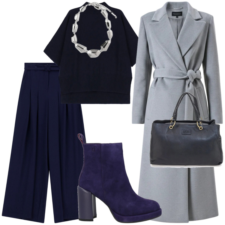 Outfit donna - Blu e grigio. per Tutti i giorni. Abbinamento con stivaletti, pantaloni a palazzo, maglieria, cappotti, borse a mano, ciondoli.