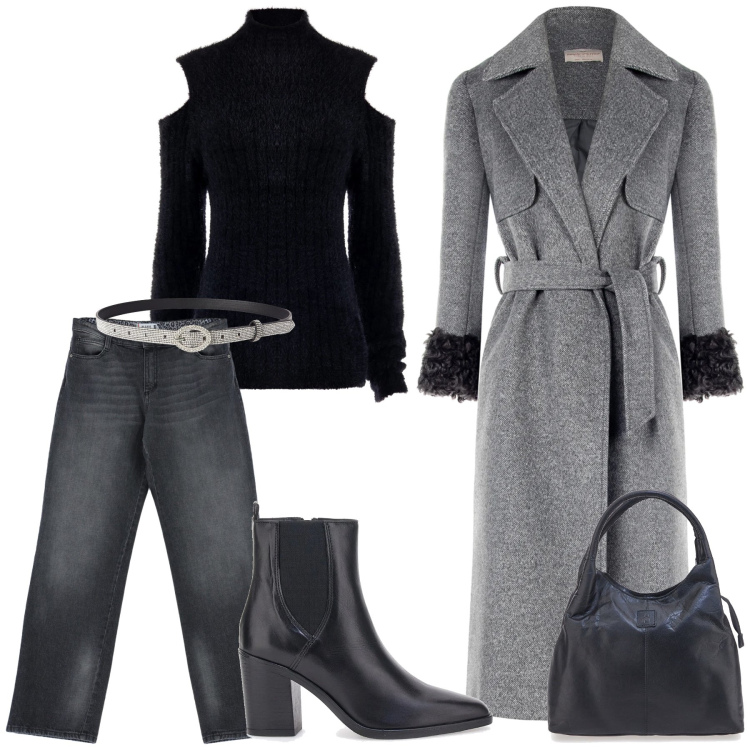 Outfit donna - Casual con tocco chic. Stile Casual chic per Tutti i giorni. Abbinamento con cinture, jeans, cappotti, maglieria, borse a mano, stivaletti.