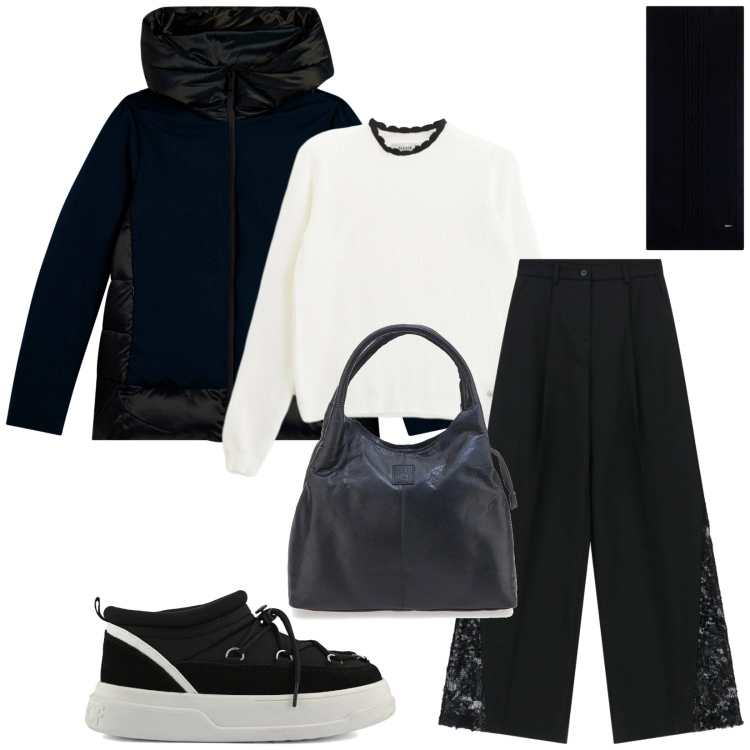 Outfit donna - Total look #2322151. Stile Casual chic per Tutti i giorni. Abbinamento con pullovers, pantaloni a palazzo, piumini, sciarpe, stivaletti, borse a mano.