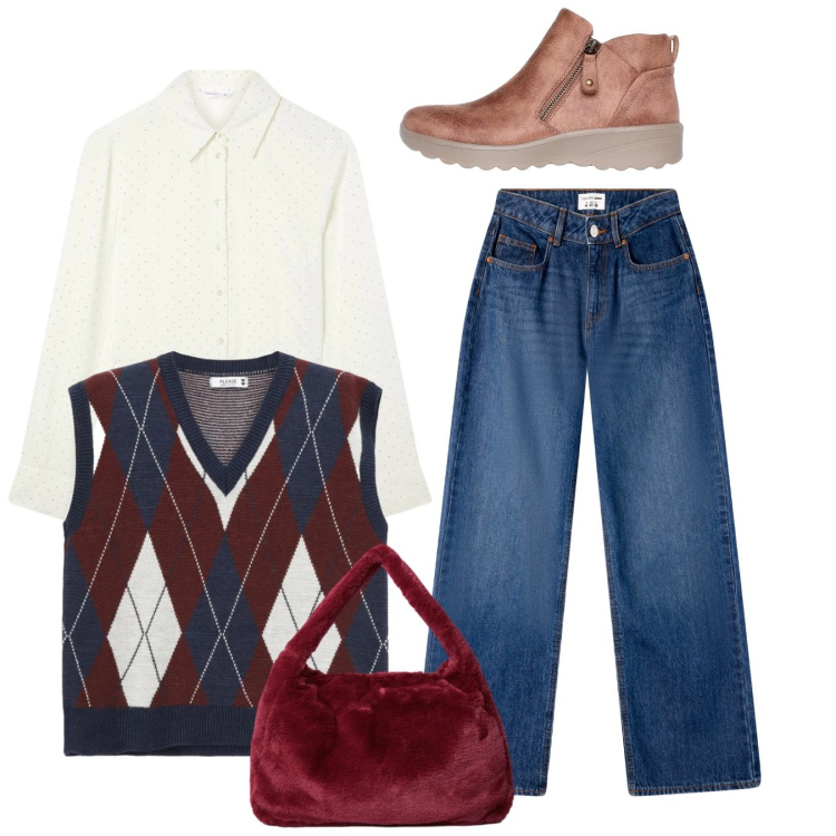 Outfit donna - Total look. Stile Casual per Tutti i giorni. Abbinamento con jeans, camicie, gilet, borse a spalla, stivaletti.