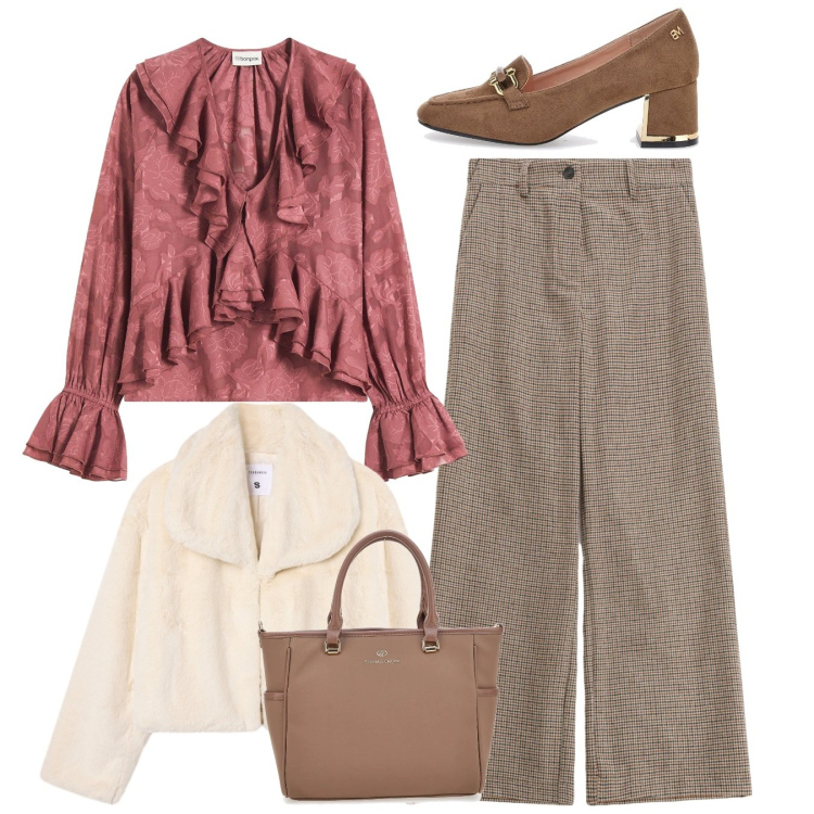 Outfit donna - Le rouches sui pantapalazzo. Stile Bon Ton per Tutti i giorni. Abbinamento con bluse, ecopellicce, pantaloni a palazzo, mocassini, borse a tracolla.