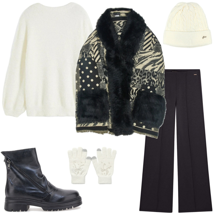 Outfit donna - Gennaio. Stile Casual chic per Tutti i giorni. Abbinamento con maglieria, guanti, pantaloni, anfibi, berretti, cappe.