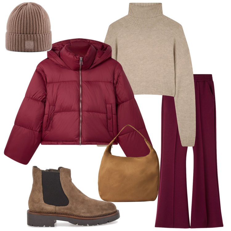 Outfit donna - Urban invernale. Stile Urban per Tutti i giorni. Abbinamento con borse a mano, bomber, pantaloni, maglieria, berretti, stivaletti chelsea.