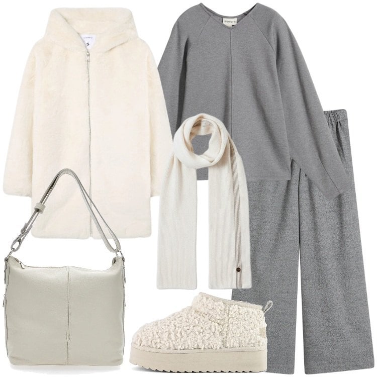 Outfit donna - Minimal Cozy Mood. Stile Minimal per Tutti i giorni. Abbinamento con pantaloni a palazzo, maglieria, cappotti, sciarpe, stivaletti, borse a spalla.