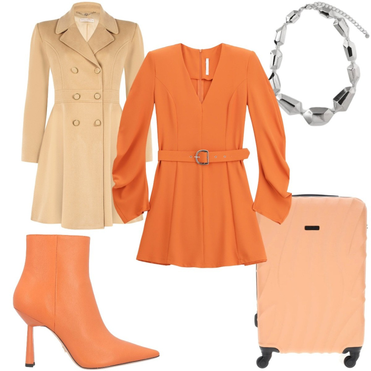 Outfit donna - Total look #2322174. Stile Trendy per Tutti i giorni. Abbinamento con stivaletti, vestiti corti, cappotti, valigie, ciondoli.