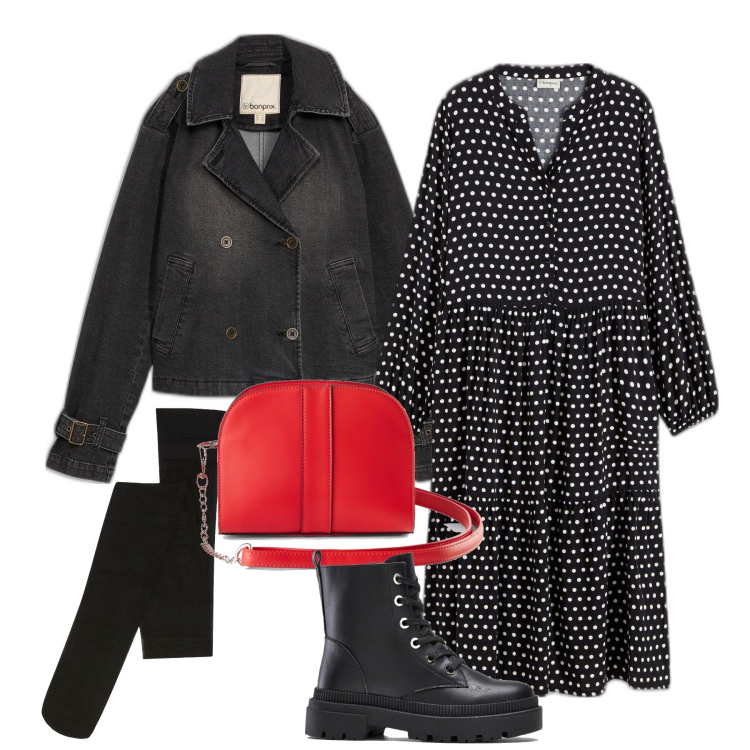 Outfit femme - Janvier. Style Tendance pour Tous les jours. Assortir avec robes mi-longues/au genou, sacs en bandoulière, bottines, imperméable, collants.