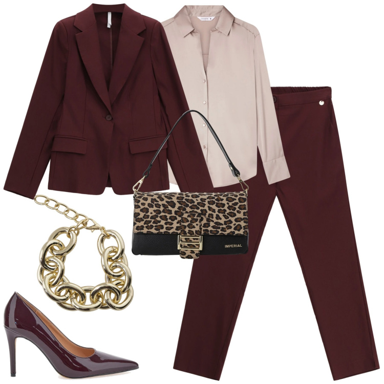 Outfit donna - In ufficio. Stile Chic per Ufficio. Abbinamento con camicie, blazer, pantaloni, braccialetti, borse a spalla, décolleté.