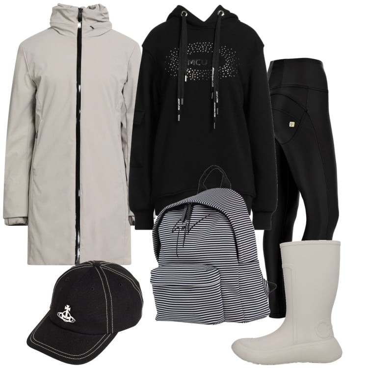 Outfit donna - In relax. Stile Sporty chic per Tutti i giorni. Abbinamento con parka, zaini, cappelli con visiera, felpe con cappuccio, stivali di gomma, pantaloni skinny.