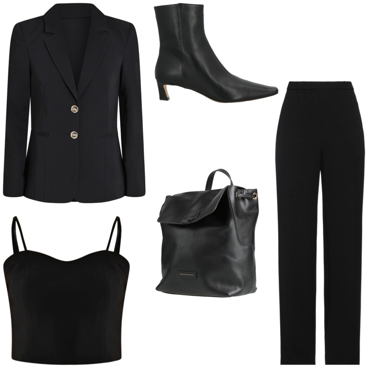 Outfit donna - Workwear. Stile Chic per Ufficio. Abbinamento con zaini, pantaloni, stivaletti, top, blazer.