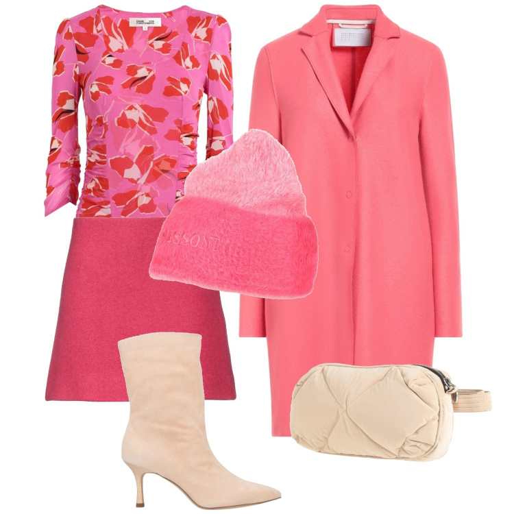 Outfit donna - Gennaio Pink. Stile Trendy per Tutti i giorni. Abbinamento con cappotti, minigonne, body, stivaletti, marsupi, cappelli.