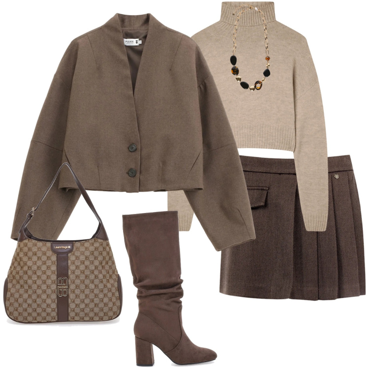 Outfit donna - Casual chic. Stile Casual chic per Ufficio. Abbinamento con maglieria, blazer, minigonne, stivali sopra il ginocchio, collane, borse a spalla.