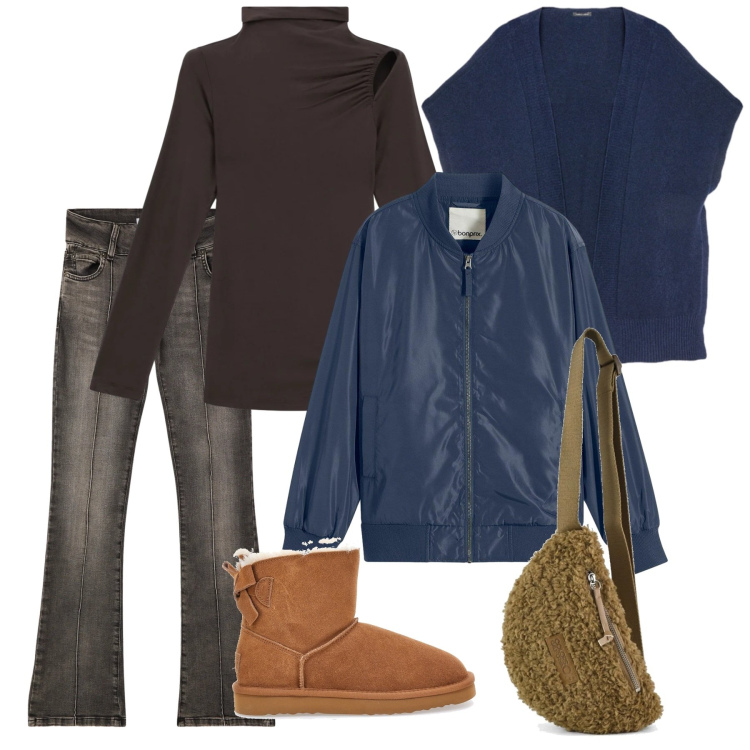 Outfit donna - Gennaio comfy. Stile Casual per Tutti i giorni. Abbinamento con bomber, jeans, pullovers, marsupi, gilet, stivaletti.
