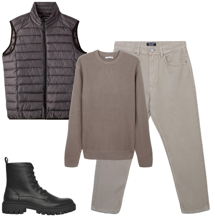 Outfit uomo - Gennaio. Stile Urban per Tutti i giorni. Abbinamento con anfibi, jeans, piumini, maglieria.