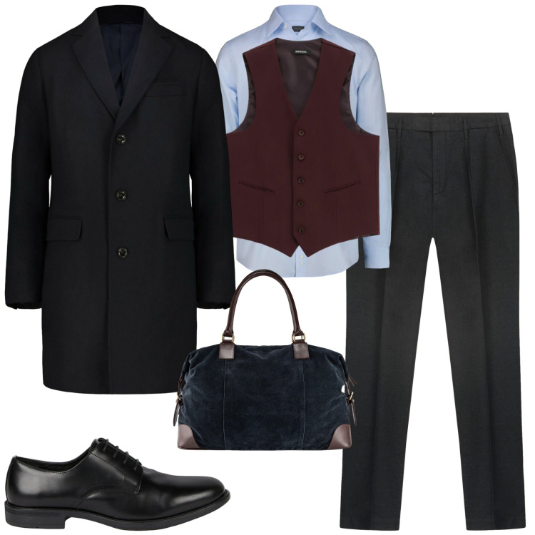 Outfit uomo - City. Stile Business/Elegante per Tutti i giorni. Abbinamento con gilet, scarpe stringate, borse sportive, pantaloni, camicie, cappotti.