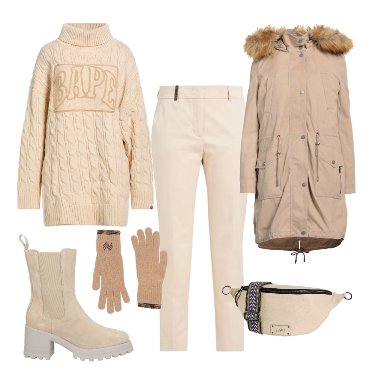 Outfit donna - Nuance. Stile Urban per Tutti i giorni. Abbinamento con pantaloni, parka, stivaletti, marsupi, guanti, maglieria.