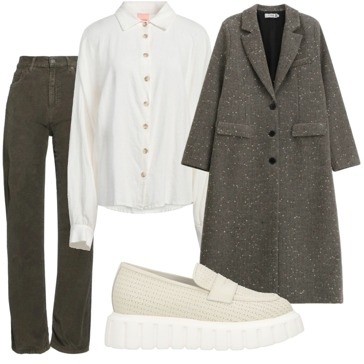 Outfit donna - Gennaio comfort. Stile Minimal per Tutti i giorni. Abbinamento con pantaloni, mocassini, camicie, cappotti.