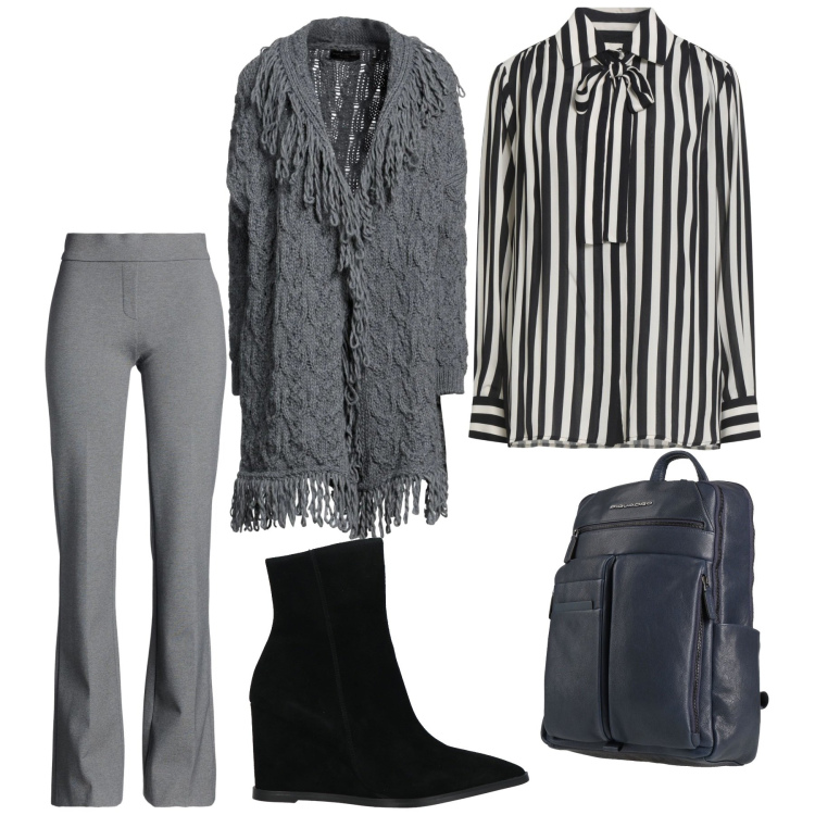 Outfit donna - Total look #2322213. Stile Glamour per Ufficio. Abbinamento con stivaletti, pantaloni, cardigans, zaini, camicie.