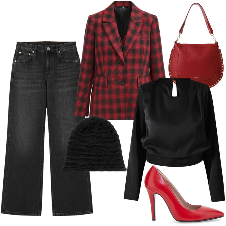 Outfit donna - Rosso sul nero. Stile Casual per Tutti i giorni. Abbinamento con berretti, borse a spalla, pantaloni, bluse, blazer, décolleté.