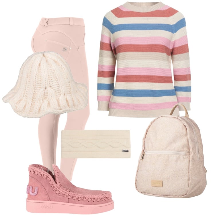 Outfit donna - Teneramente allegra. Stile Trendy per Tutti i giorni. Abbinamento con stivaletti, zaini, cappelli, pullovers, pantaloni skinny, accessori per capelli.