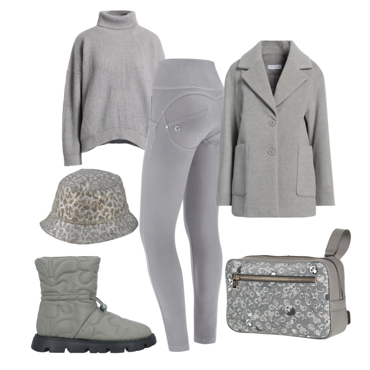 Outfit donna - Sfumature di grigio. Stile Casual per Tutti i giorni. Abbinamento con marsupi, maglieria, stivaletti, cappotti, cappelli, pantaloni skinny.
