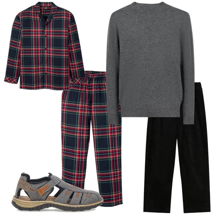 Outfit uomo - Stasera a casa. Stile Casual per Tutti i giorni. Abbinamento con abbigliamento da notte, pantaloni sportivi, maglieria, sandali.