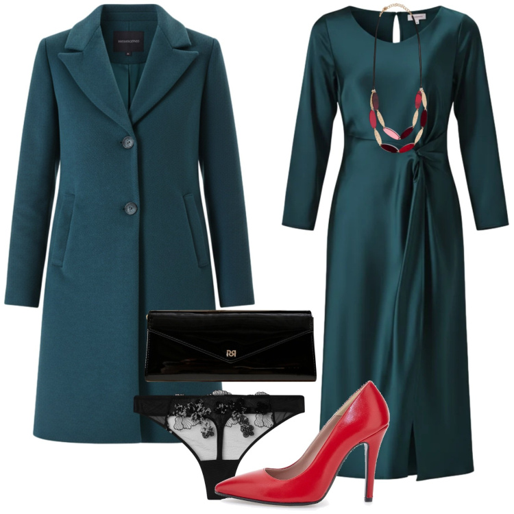 Outfit donna - Ospite a cena. Stile Chic per Serata fuori. Abbinamento con perizomi, vestiti midi/longuette, cappotti, pochette, collane, décolleté.