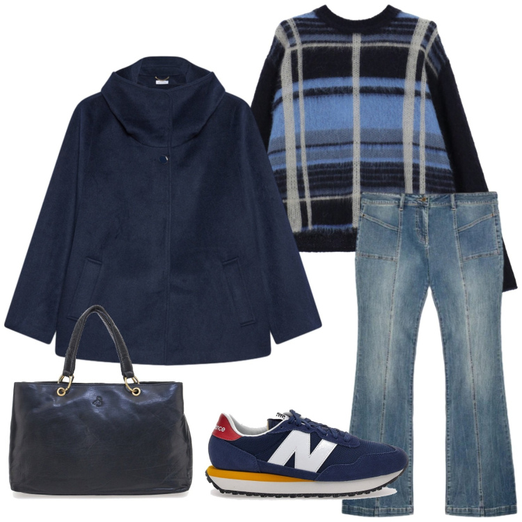 Outfit donna - Ritmi giornalieri. Stile Basic per Tutti i giorni. Abbinamento con maglieria, caban, sneakers, borse a mano, jeans.