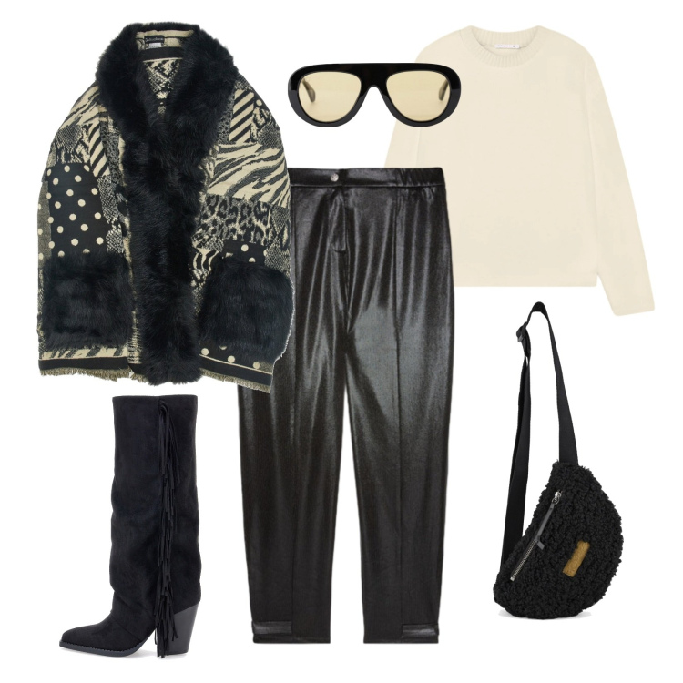 Outfit donna - Sile Urban trendy. Stile Trendy per Tutti i giorni. Abbinamento con maglieria, occhiali da sole, pantaloni, stivali, marsupi, cappe.