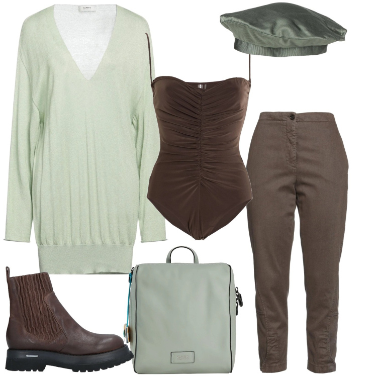 Outfit donna - Avventuroso verde e marrone. Stile Urban per Scuola/Università. Abbinamento con stivaletti chelsea, body, cappelli e berretti, jeans slim fit, pullovers, zaini.