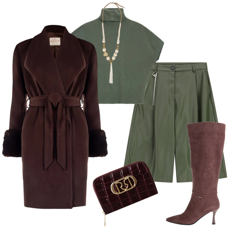 Outfit donna - Verde e prugna perfetti per l\'inverno. Stile Urban per Tutti i giorni. Abbinamento con stivali, bermuda, maglieria, cappotti, portafogli, ciondoli.