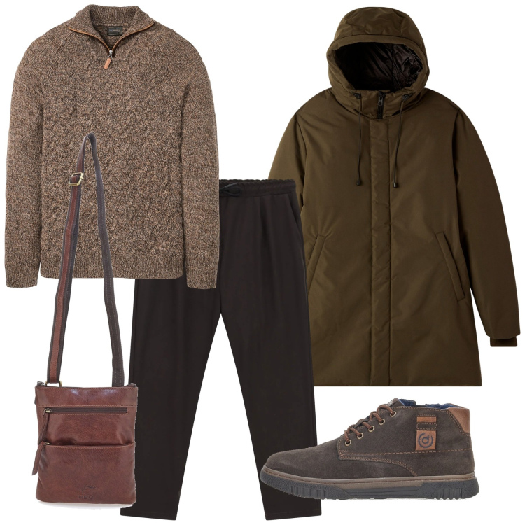 Outfit uomo - Outfit da città fredda. Stile Casual per Tutti i giorni. Abbinamento con maglieria, parka, pantaloni, scarpe stringate, portafogli.
