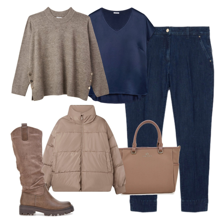 Outfit donna - Easy outfit. Stile Urban per Tutti i giorni. Abbinamento con maglieria, bomber, jeans, stivali, borse a tracolla, bluse.