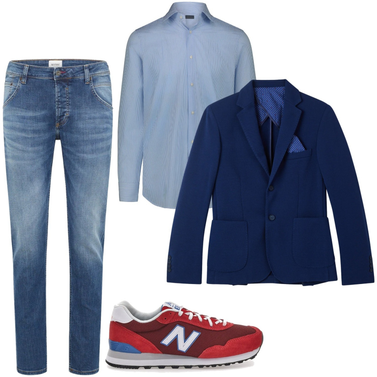 Outfit uomo - Lavoro in centro. Stile Casual per Ufficio. Abbinamento con jeans dritti, giacche, sneakers, camicie.