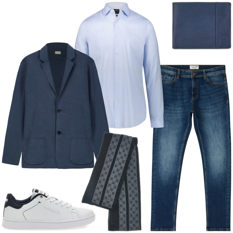 Outfit uomo - Total look #2322248. Stile Casual per Ufficio. Abbinamento con jeans skinny, cardigans, camicie, portafogli, sneakers, sciarpe.
