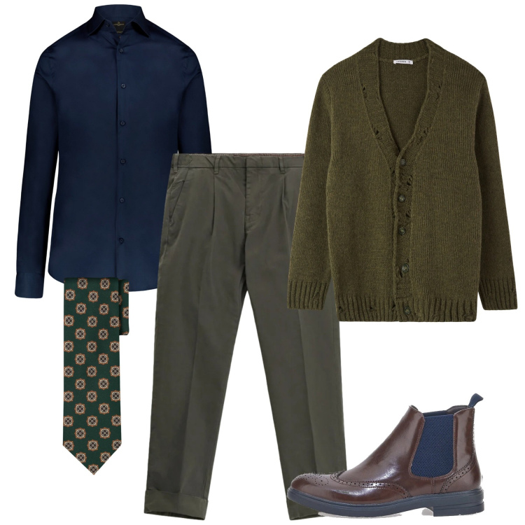Outfit uomo - Eleganza rilassata. Stile Casual per Tutti i giorni. Abbinamento con cardigans, pantaloni chino, camicie, stivali e stivaletti, cravatte.