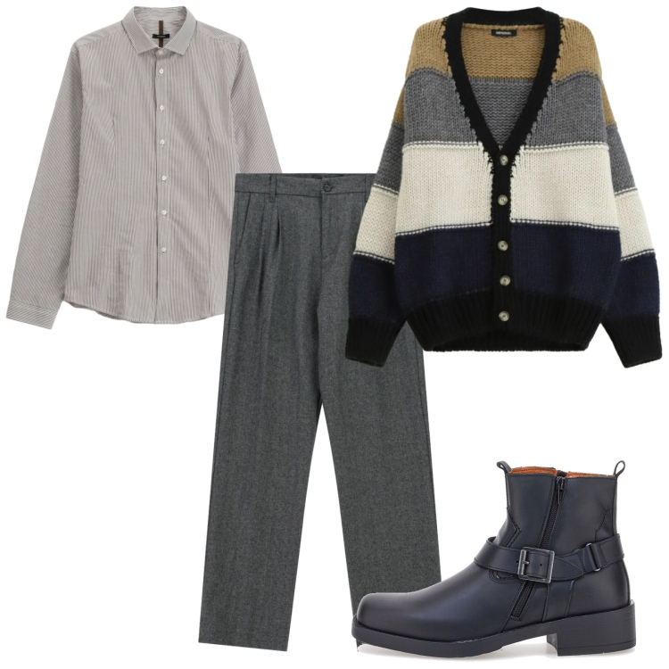 Outfit uomo - Il cardigan a bande karghe. Stile Casual per Tutti i giorni. Abbinamento con pantaloni, camicie, cardigans, stivali e stivaletti.