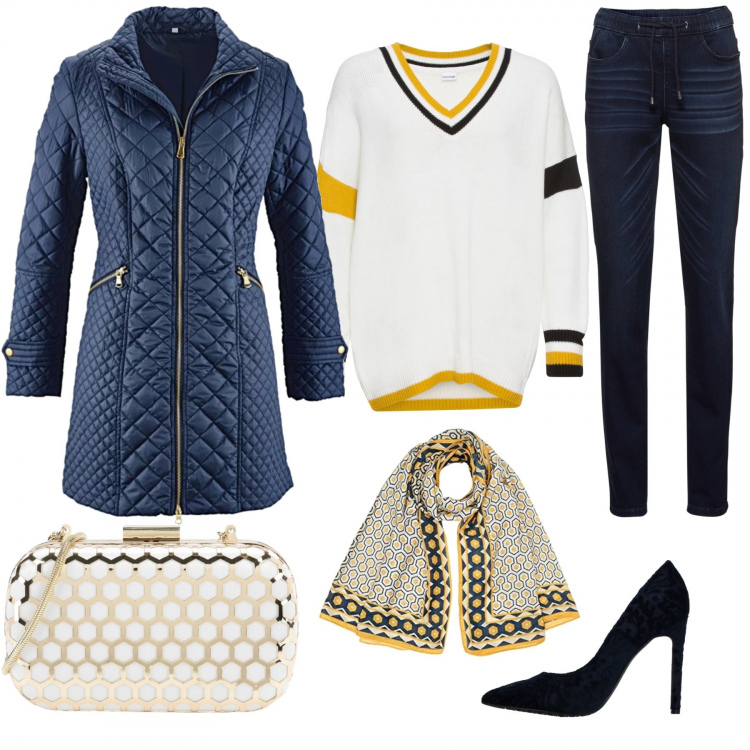 Outfit donna - Nido d\'ape. Stile Trendy per Serata fuori. Abbinamento con blazer, pullover a righe, jogger taglio dritto in denim, décolleté a punta in velluto tinta unita, borsa a mano petit a scatto interno foderato in raso tinta unita, sciarpa con stampa multicolore.