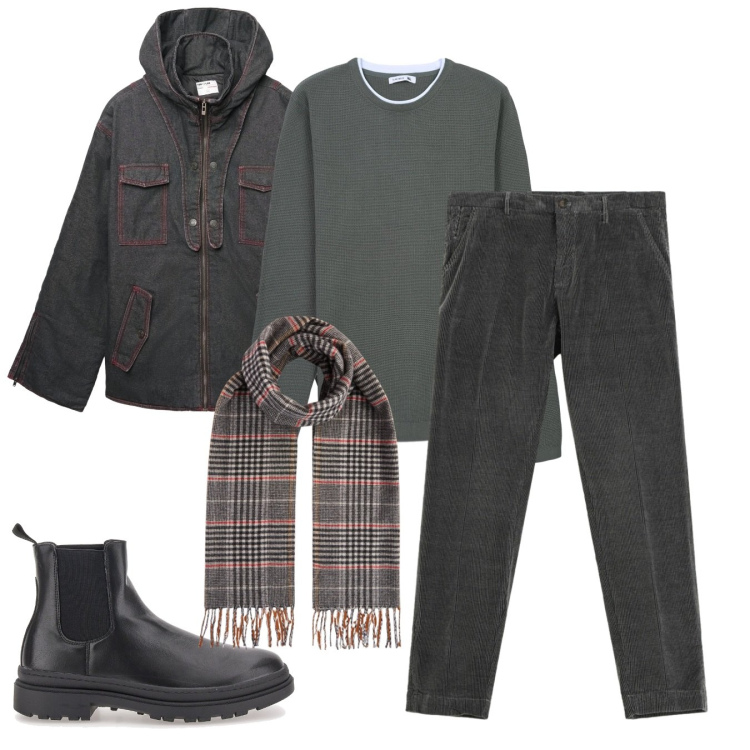 Outfit uomo - In città. Stile Casual per Tutti i giorni. Abbinamento con giacche, maglieria, pantaloni chino, sciarpe, stivali e stivaletti.