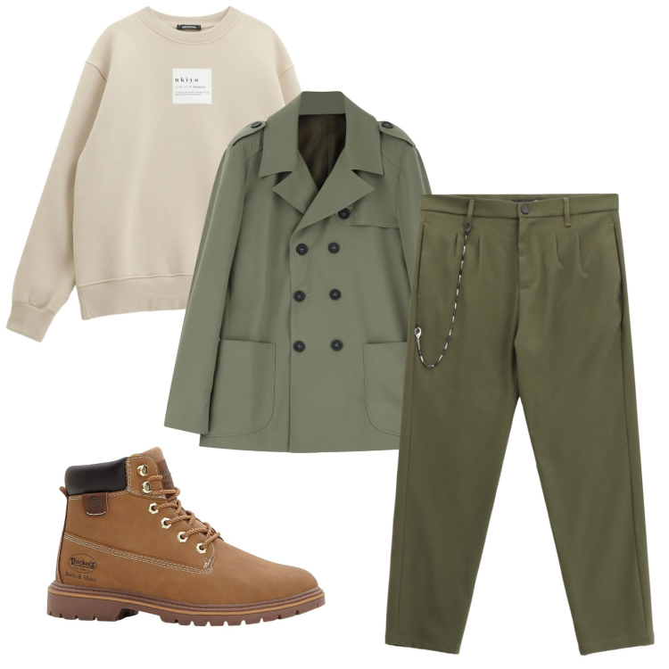 Outfit uomo - Oliva. Stile Casual per Tutti i giorni. Abbinamento con stivali e stivaletti, felpe, pantaloni, giacche.