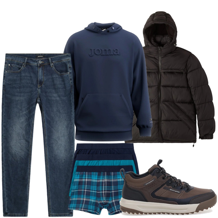 Outfit uomo - Total look #2322266. Stile Casual per Tutti i giorni. Abbinamento con boxer, bomber, jeans slim fit, felpe con cappuccio, stivali e stivaletti.