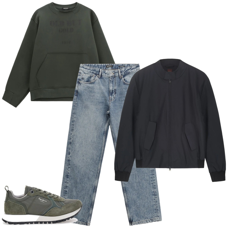 Outfit uomo - Basic curato. Stile Casual per Tutti i giorni. Abbinamento con jeans dritti, felpe, bomber, sneakers.