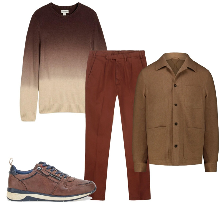 Outfit uomo - Tonalità legno. Stile Casual per Tutti i giorni. Abbinamento con maglieria, pantaloni, cappotti, scarpe stringate.